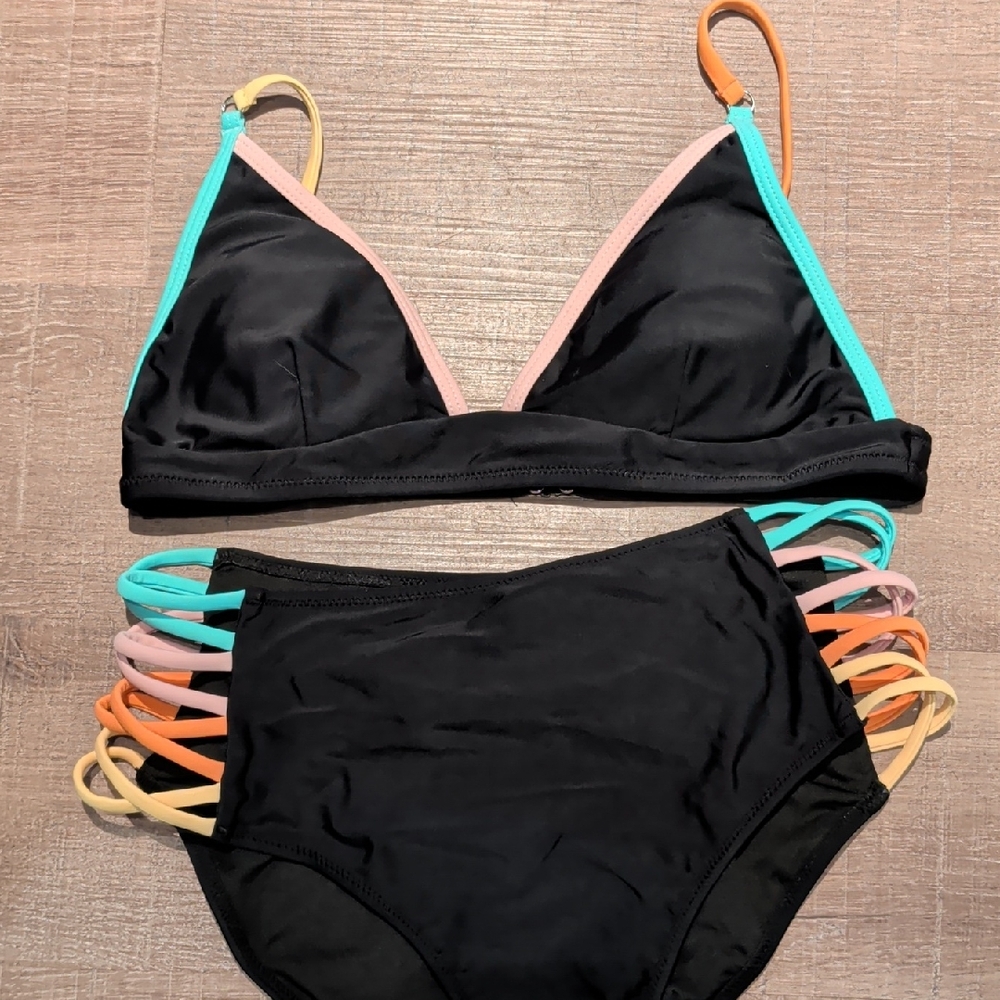 Popvil High-Waist Bikini Set with Multicolor Trim